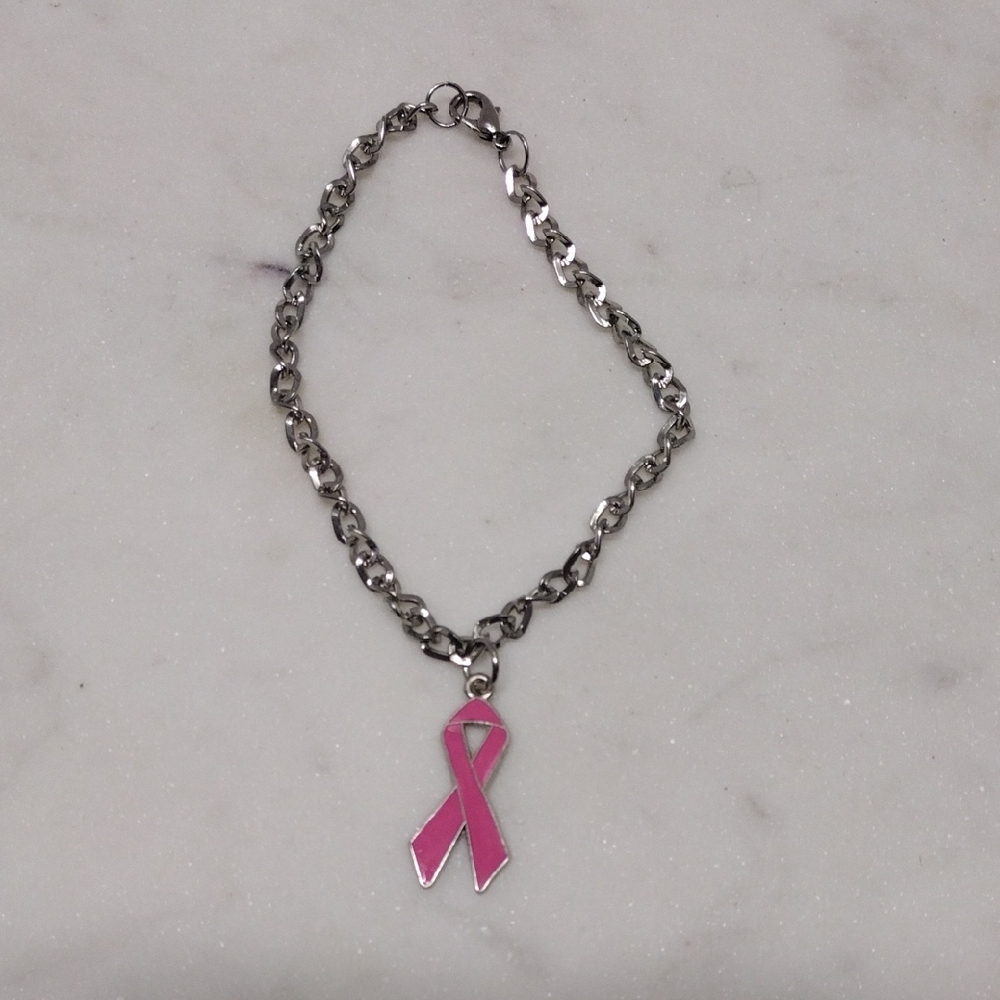 Breast Cancer Ribbon Chain Charm Bangle Bracelet